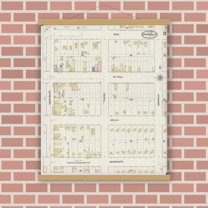 Old map wall art mockup — magnetic wood frame on brick wall — Sanborn Fire Insurance Map from Spring Valley, Bureau County, Illinois (1888), Sheet #0003