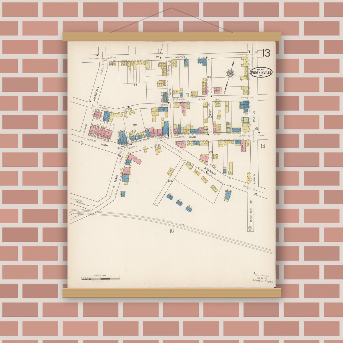 Old map wall art mockup — magnetic wood frame on brick wall — Sanborn Fire Insurance Map from Phoenixville, Chester County, Pennsylvania (1921), Sheet #0013