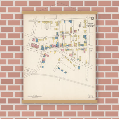 Old map wall art mockup — magnetic wood frame on brick wall — Sanborn Fire Insurance Map from Phoenixville, Chester County, Pennsylvania (1921), Sheet #0013