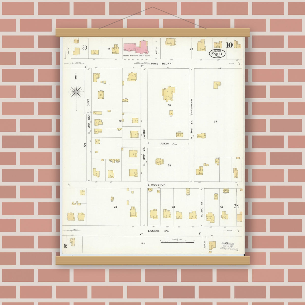 Old map wall art mockup — magnetic wood frame on brick wall — Sanborn Fire Insurance Map from Paris, Lamar County, Texas (1908), Sheet #0010