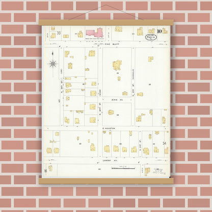 Old map wall art mockup — magnetic wood frame on brick wall — Sanborn Fire Insurance Map from Paris, Lamar County, Texas (1908), Sheet #0010