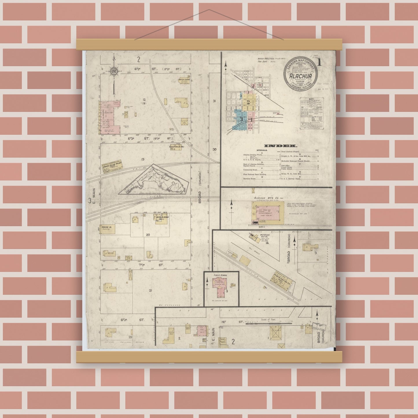 Old map wall art mockup — magnetic wood frame on brick wall — Sanborn Fire Insurance Map from Alachua, Alachua County, Florida (1912), Sheet #0001