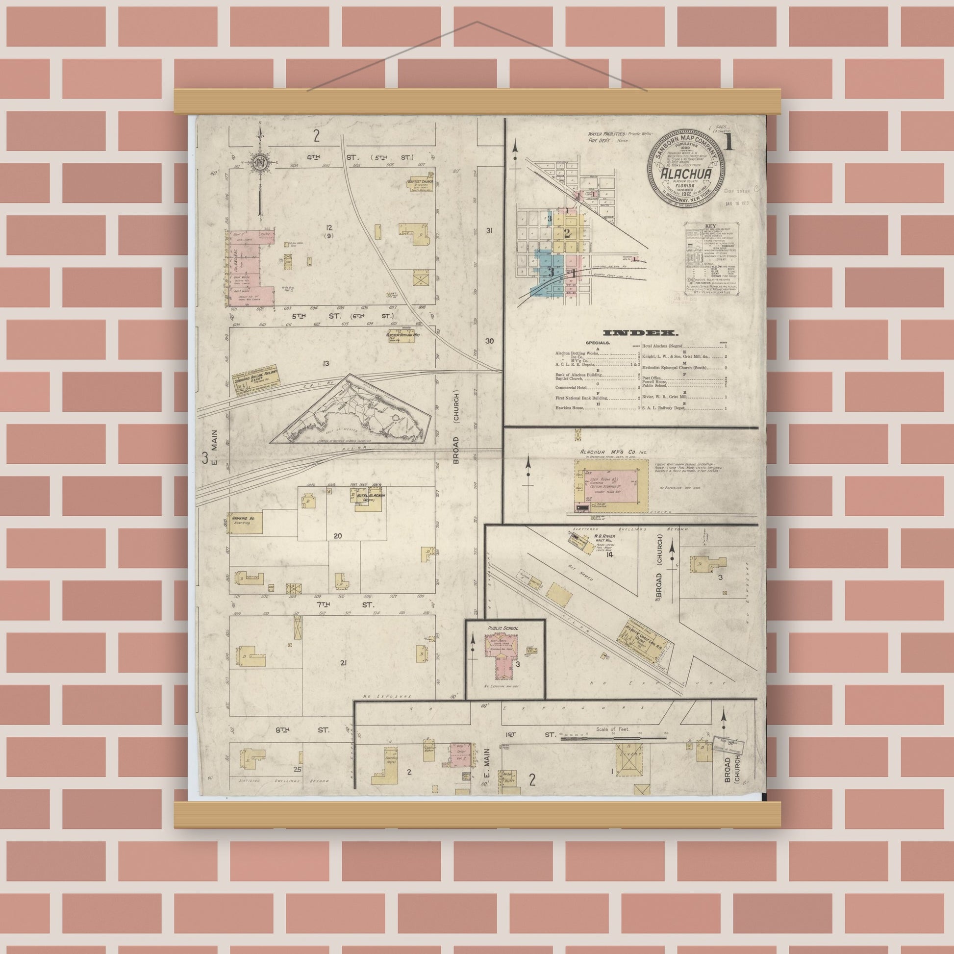 Old map wall art mockup — magnetic wood frame on brick wall — Sanborn Fire Insurance Map from Alachua, Alachua County, Florida (1912), Sheet #0001