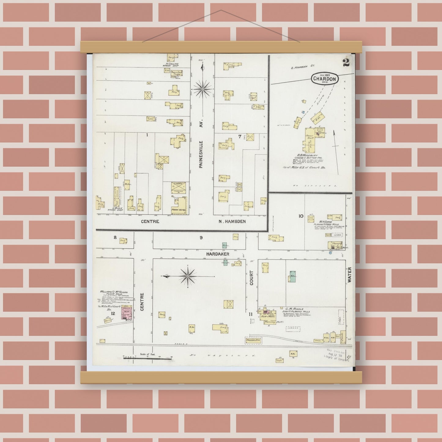 Old map wall art mockup — magnetic wood frame on brick wall — Sanborn Fire Insurance Map from Chardon, Geauga County, Ohio (1889), Sheet #0002