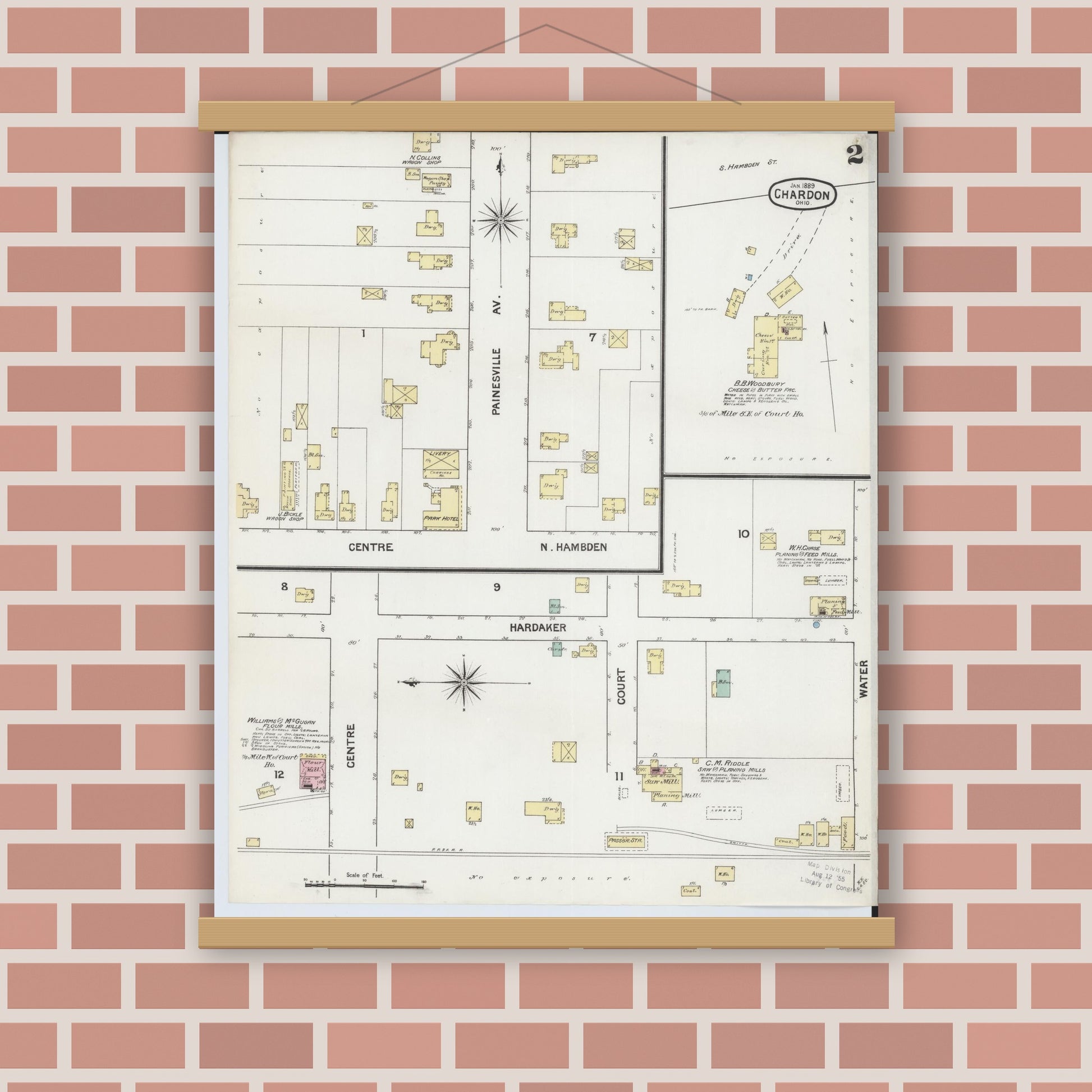 Old map wall art mockup — magnetic wood frame on brick wall — Sanborn Fire Insurance Map from Chardon, Geauga County, Ohio (1889), Sheet #0002