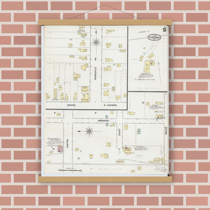 Old map wall art mockup — magnetic wood frame on brick wall — Sanborn Fire Insurance Map from Chardon, Geauga County, Ohio (1889), Sheet #0002