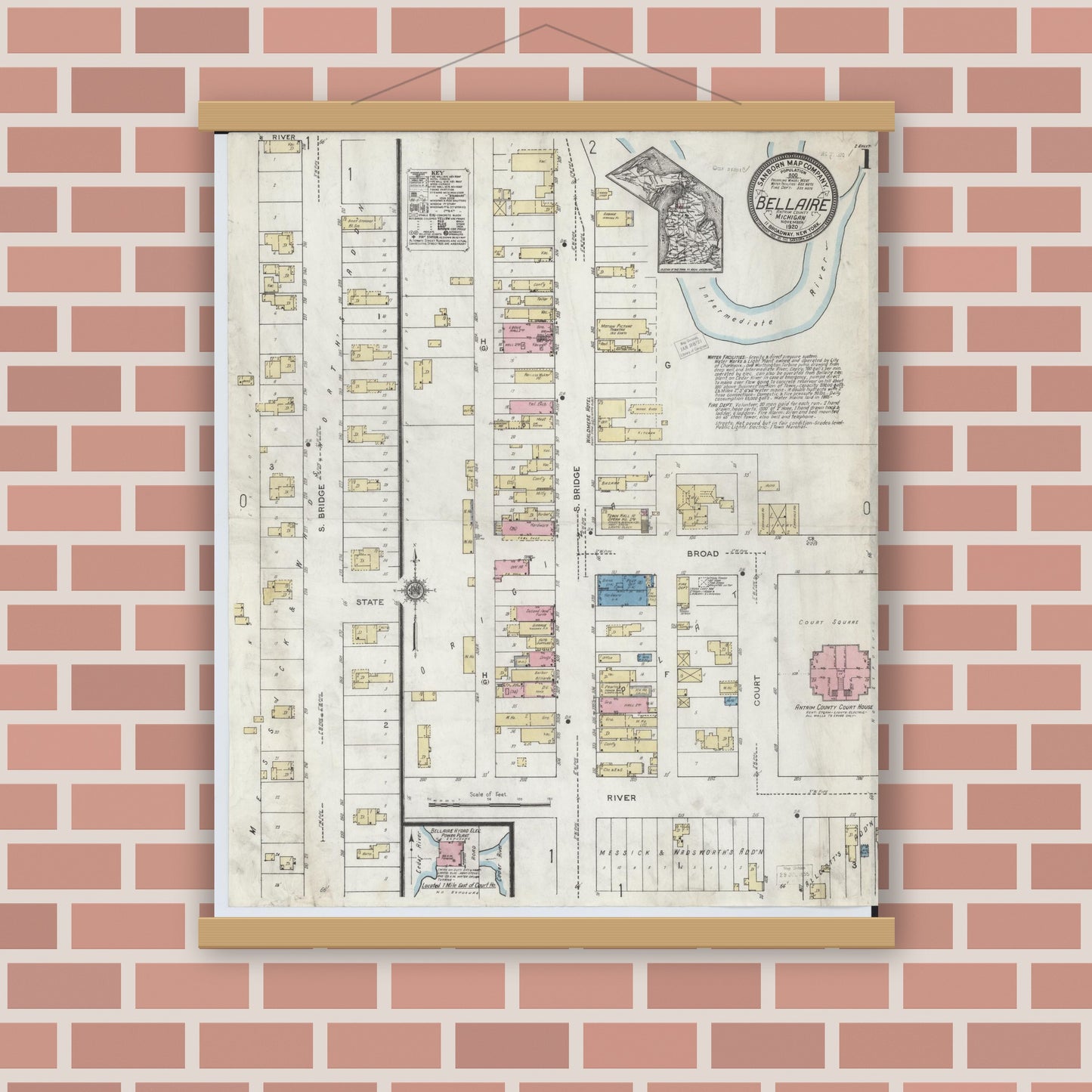 Old map wall art mockup — magnetic wood frame on brick wall — Sanborn Fire Insurance Map from Bellaire, Antrim County, Michigan (1920) - Complete Map Set