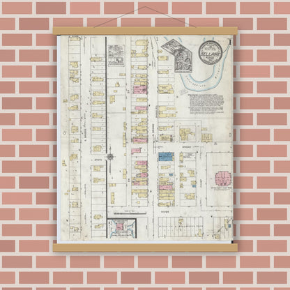 Old map wall art mockup — magnetic wood frame on brick wall — Sanborn Fire Insurance Map from Bellaire, Antrim County, Michigan (1920) - Complete Map Set