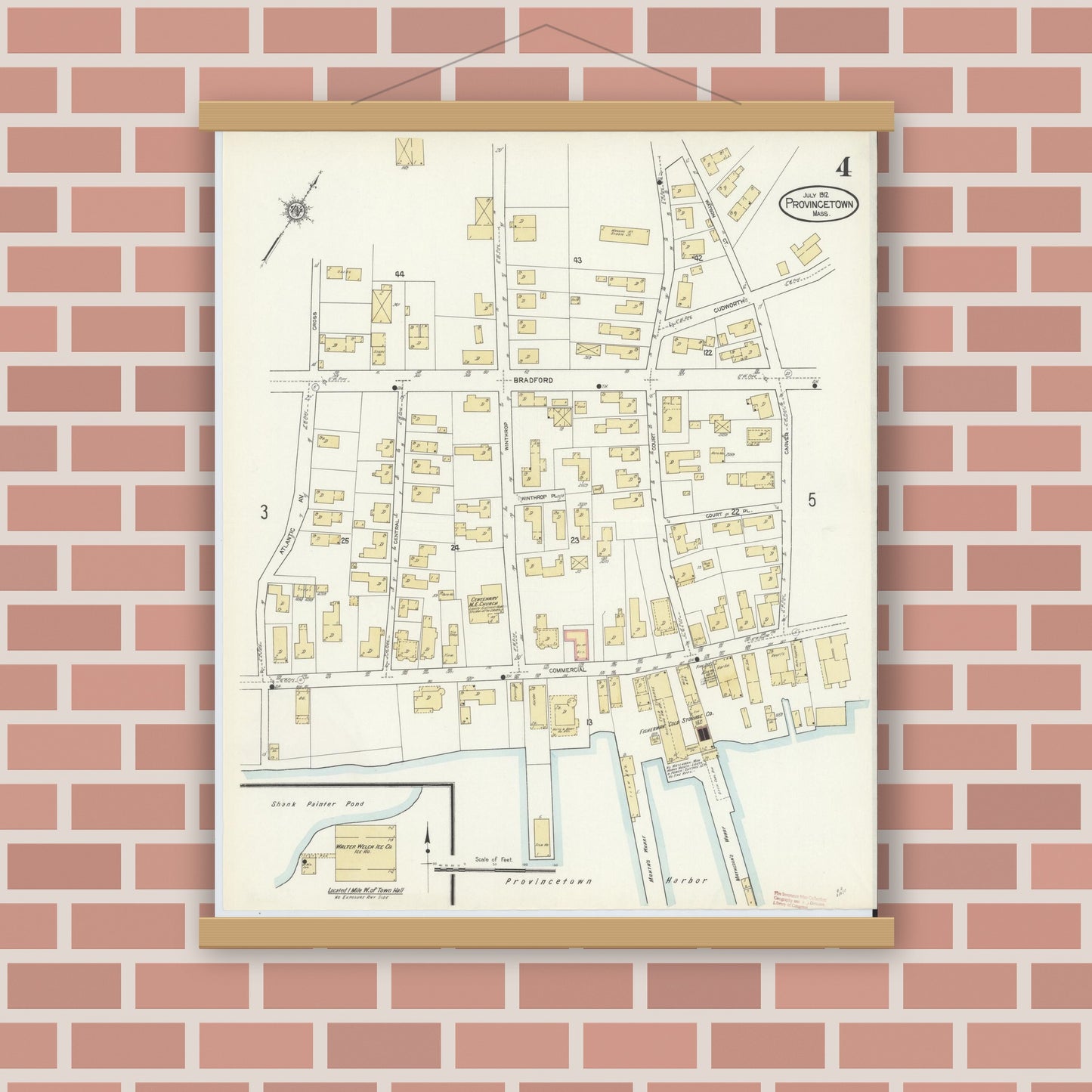 Old map wall art mockup — magnetic wood frame on brick wall — Sanborn Fire Insurance Map from Provincetown, Barnstable County, Massachusetts (1912), Sheet #0004