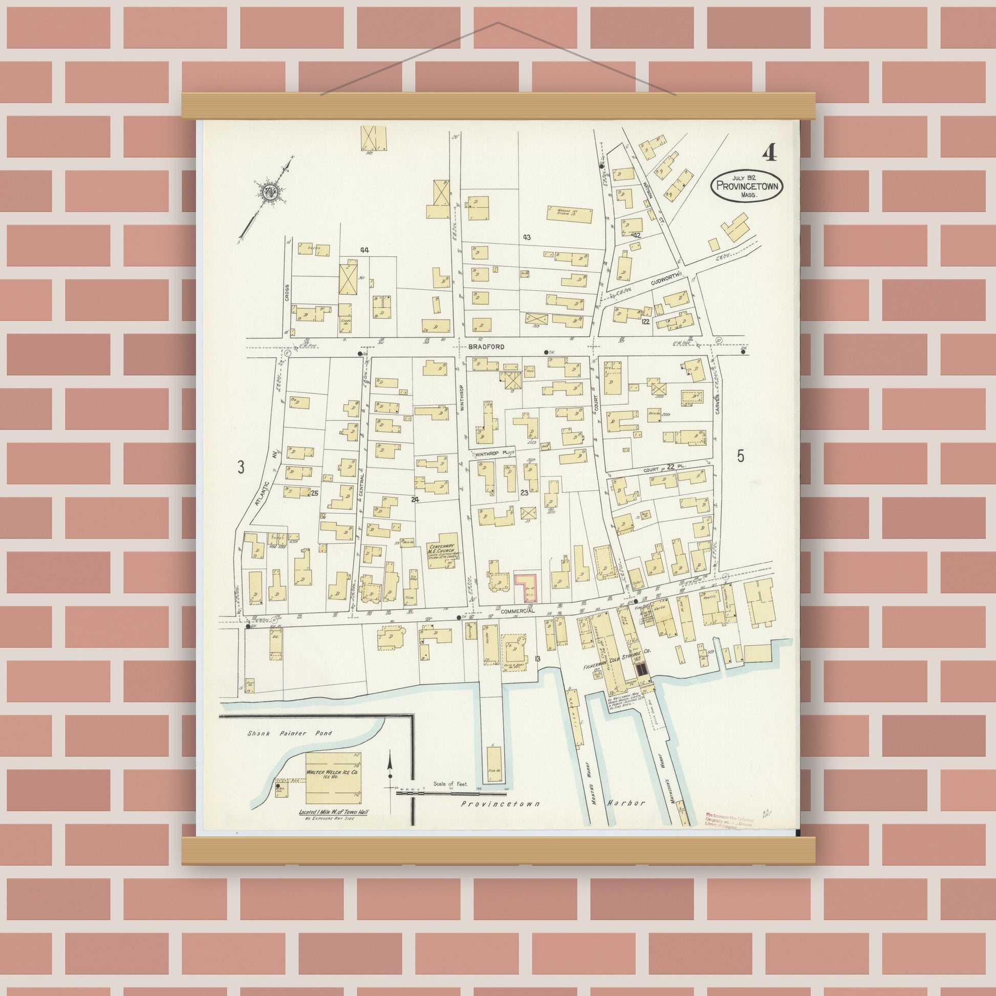 Old map wall art mockup — magnetic wood frame on brick wall — Sanborn Fire Insurance Map from Provincetown, Barnstable County, Massachusetts (1912), Sheet #0004