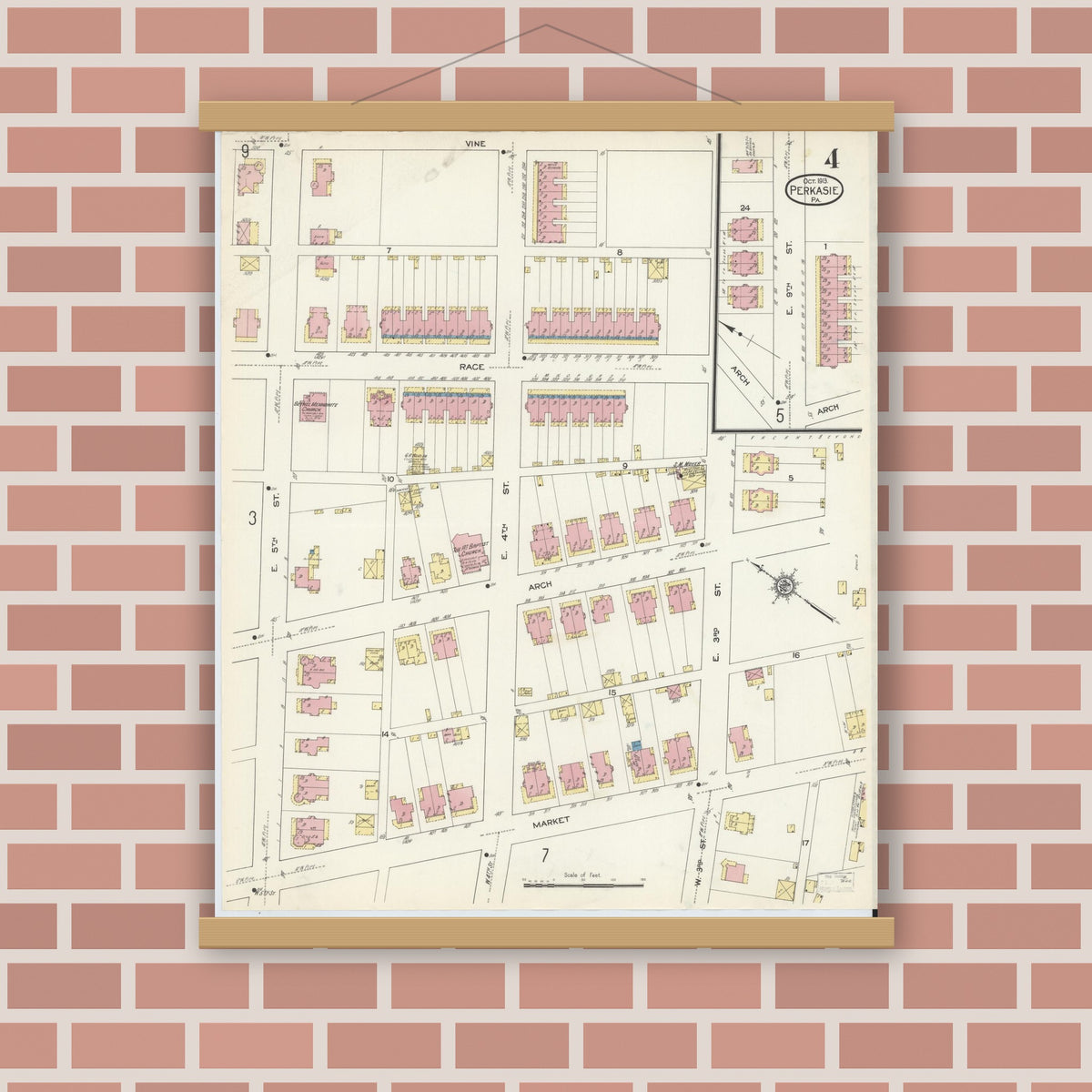 Old map wall art mockup — magnetic wood frame on brick wall — Sanborn Fire Insurance Map from Perkasie, Bucks County, Pennsylvania (1913), Sheet #0004