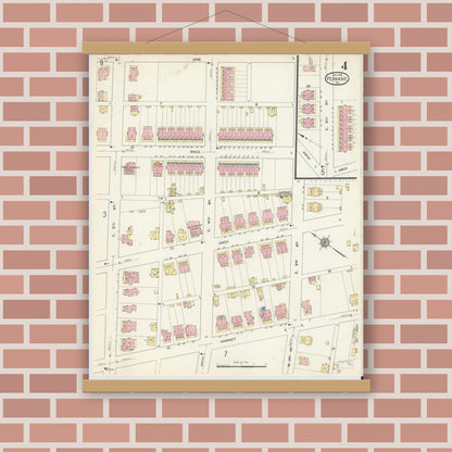 Old map wall art mockup — magnetic wood frame on brick wall — Sanborn Fire Insurance Map from Perkasie, Bucks County, Pennsylvania (1913), Sheet #0004