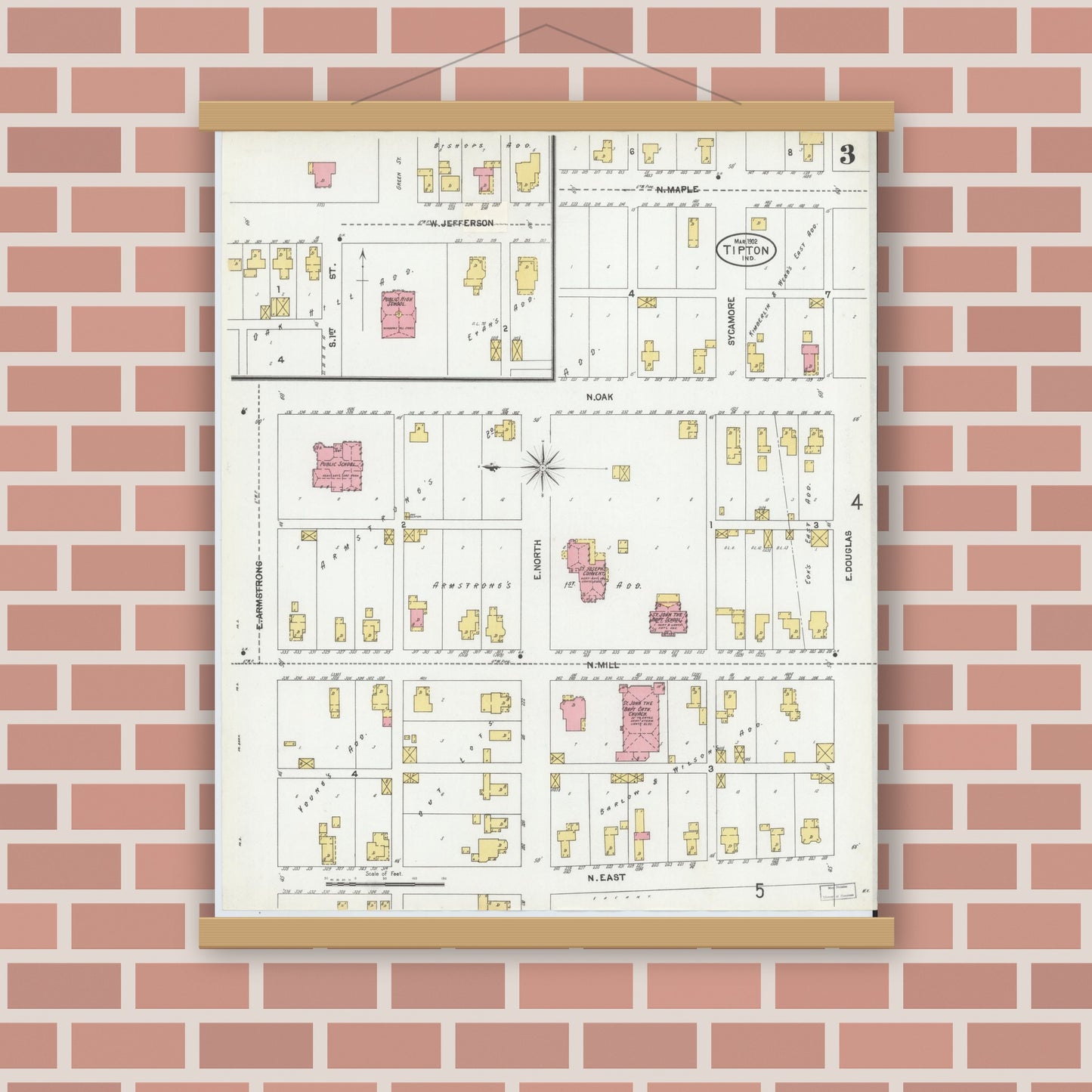 Old map wall art mockup — magnetic wood frame on brick wall — Sanborn Fire Insurance Map from Tipton, Tipton County, Indiana (1902), Sheet #0003