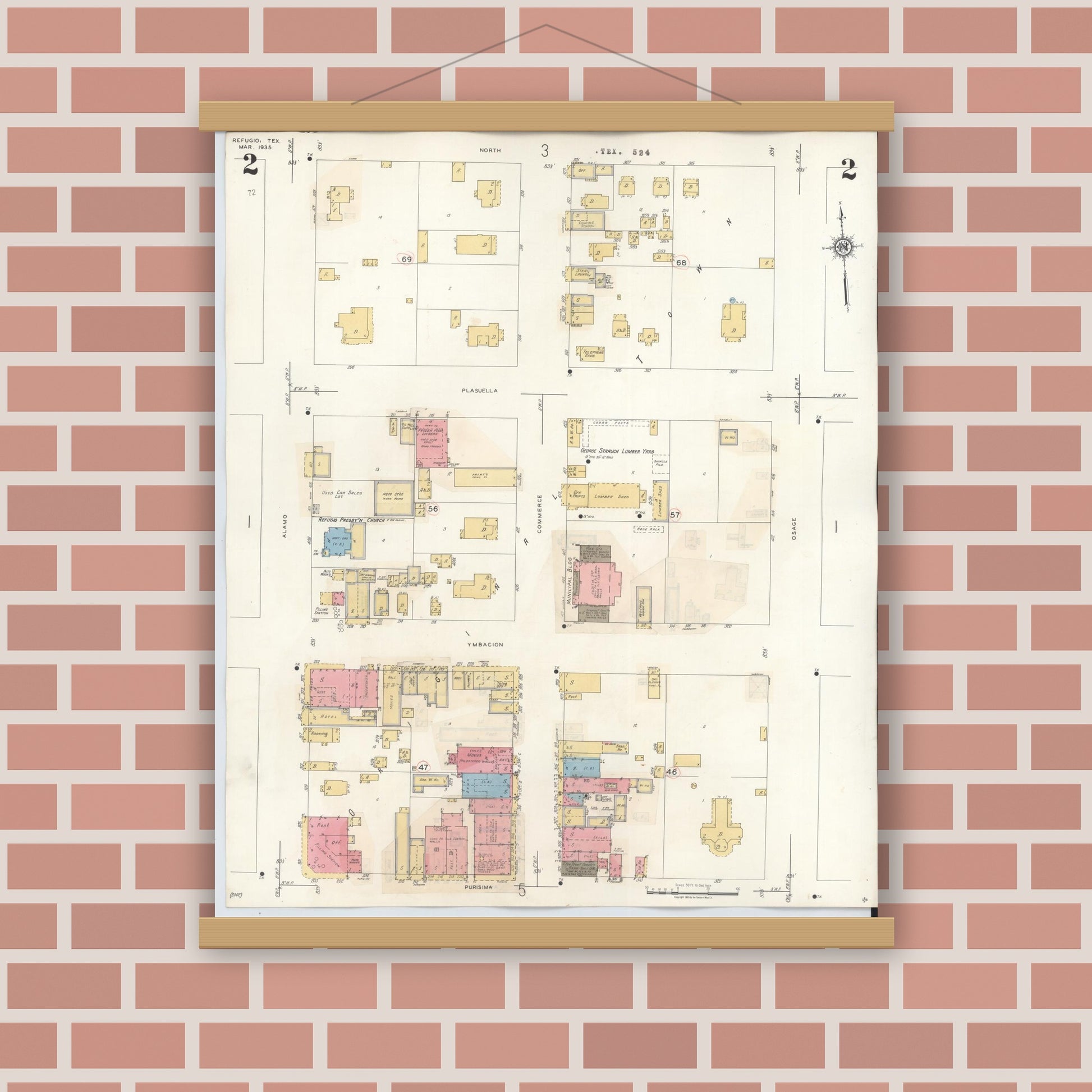 Old map wall art mockup — magnetic wood frame on brick wall — Sanborn Fire Insurance Map from Refugio, Refugio County, Texas (1942), Sheet #0002