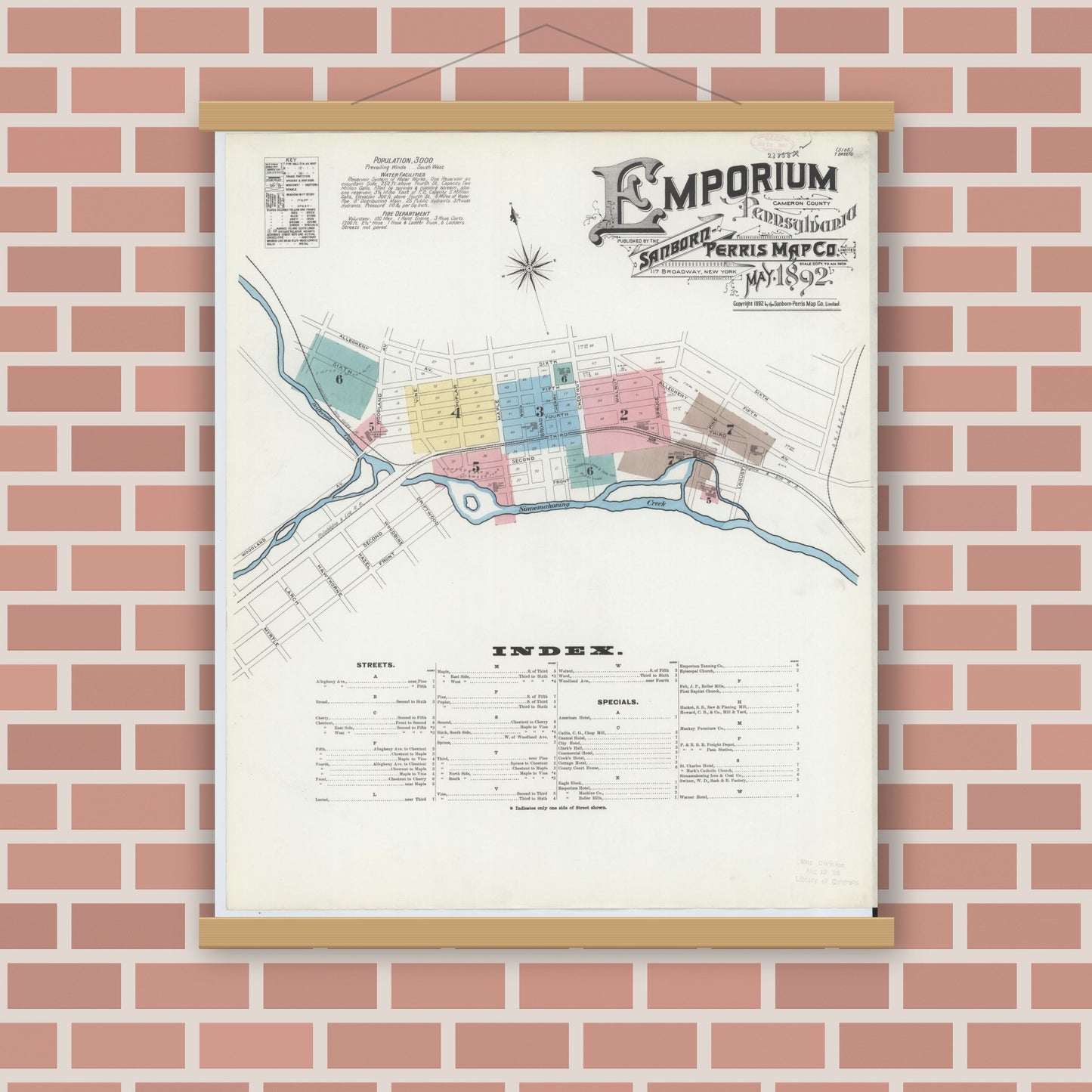 Old map wall art mockup — magnetic wood frame on brick wall — Sanborn Fire Insurance Map from Emporium, Cameron County, Pennsylvania (1892) - Complete Map Set