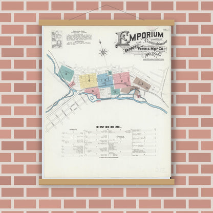 Old map wall art mockup — magnetic wood frame on brick wall — Sanborn Fire Insurance Map from Emporium, Cameron County, Pennsylvania (1892) - Complete Map Set