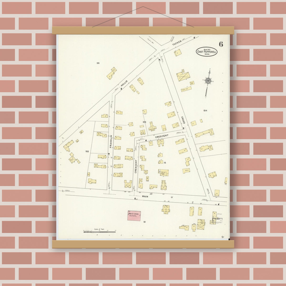 Old map wall art mockup — magnetic wood frame on brick wall — Sanborn Fire Insurance Map from East Pepperell, Middlesex County, Massachusetts (1912), Sheet #0006