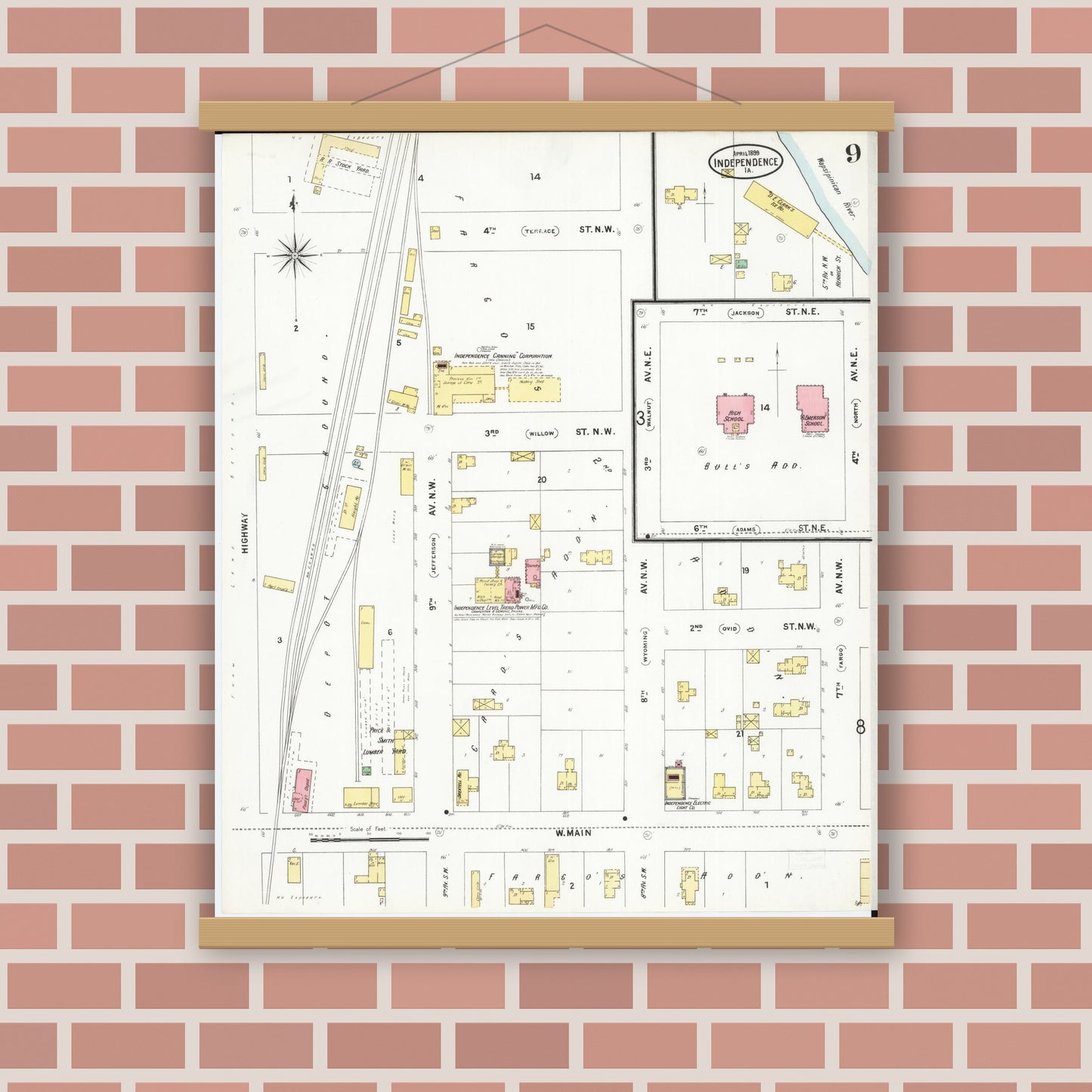 Old map wall art mockup — magnetic wood frame on brick wall — Sanborn Fire Insurance Map from Independence, Buchanan County, Iowa (1899), Sheet #0009