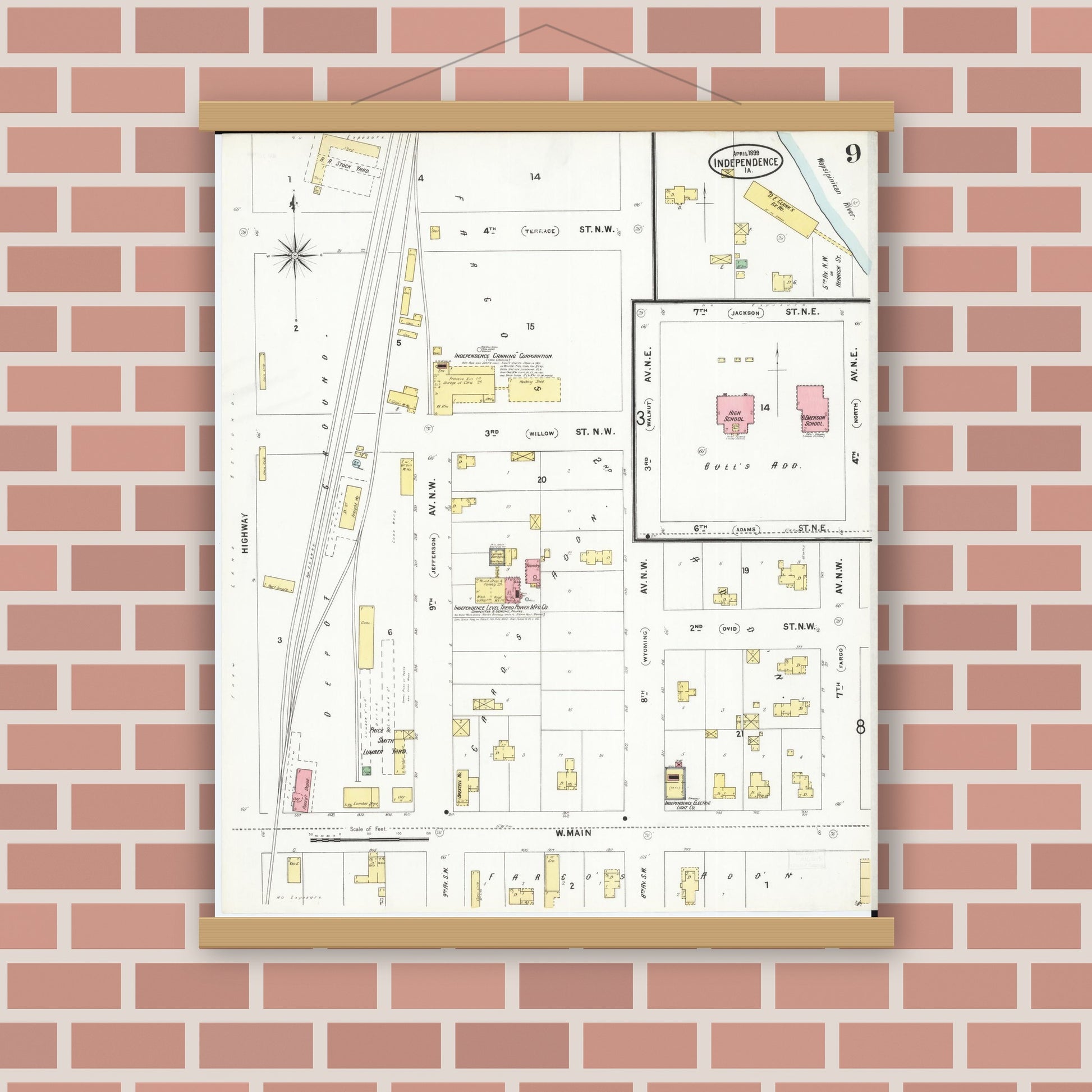 Old map wall art mockup — magnetic wood frame on brick wall — Sanborn Fire Insurance Map from Independence, Buchanan County, Iowa (1899), Sheet #0009