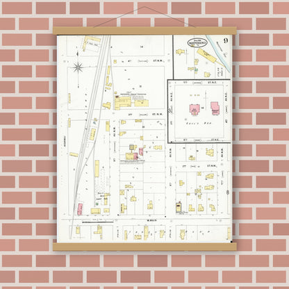 Old map wall art mockup — magnetic wood frame on brick wall — Sanborn Fire Insurance Map from Independence, Buchanan County, Iowa (1899), Sheet #0009
