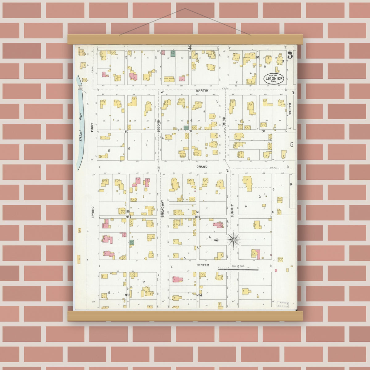 Old map wall art mockup — magnetic wood frame on brick wall — Sanborn Fire Insurance Map from Ligonier, Noble County, Indiana (1901), Sheet #0005
