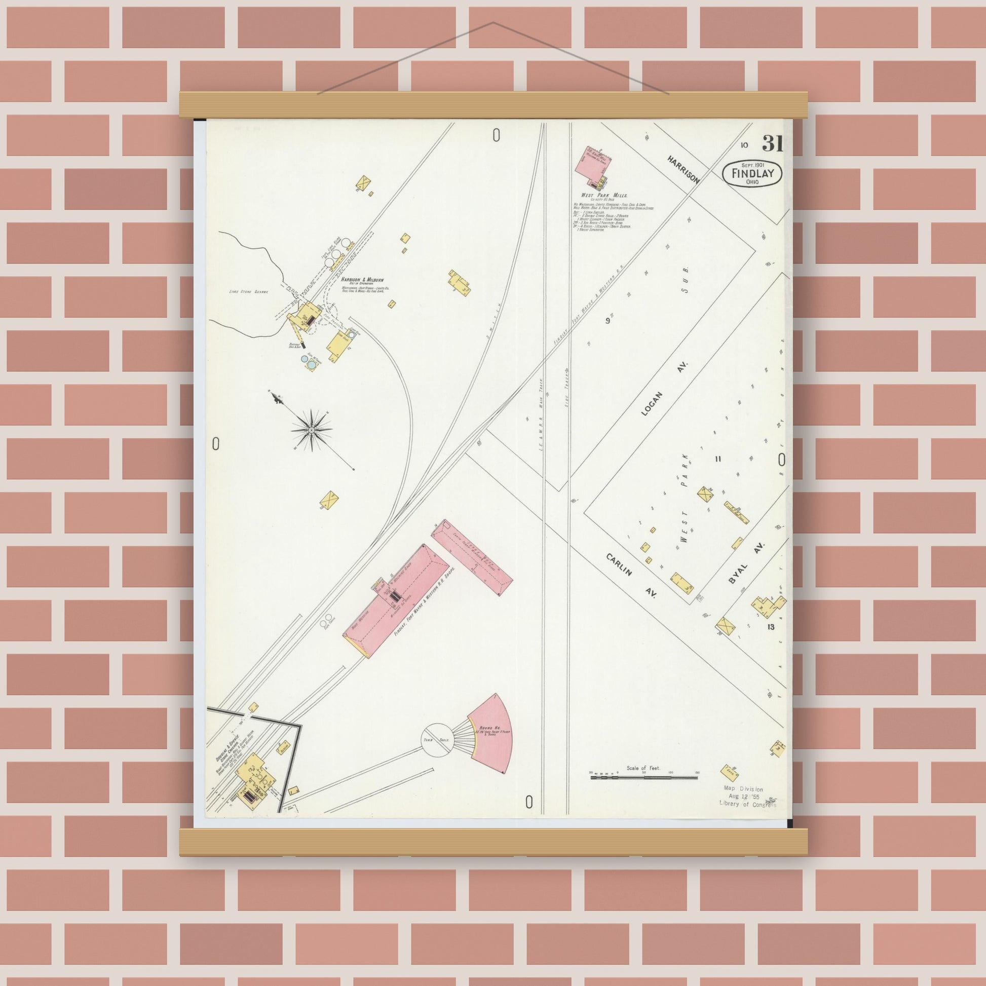 Old map wall art mockup — magnetic wood frame on brick wall — Sanborn Fire Insurance Map from Findlay, Hancock County, Ohio (1901), Sheet #0031