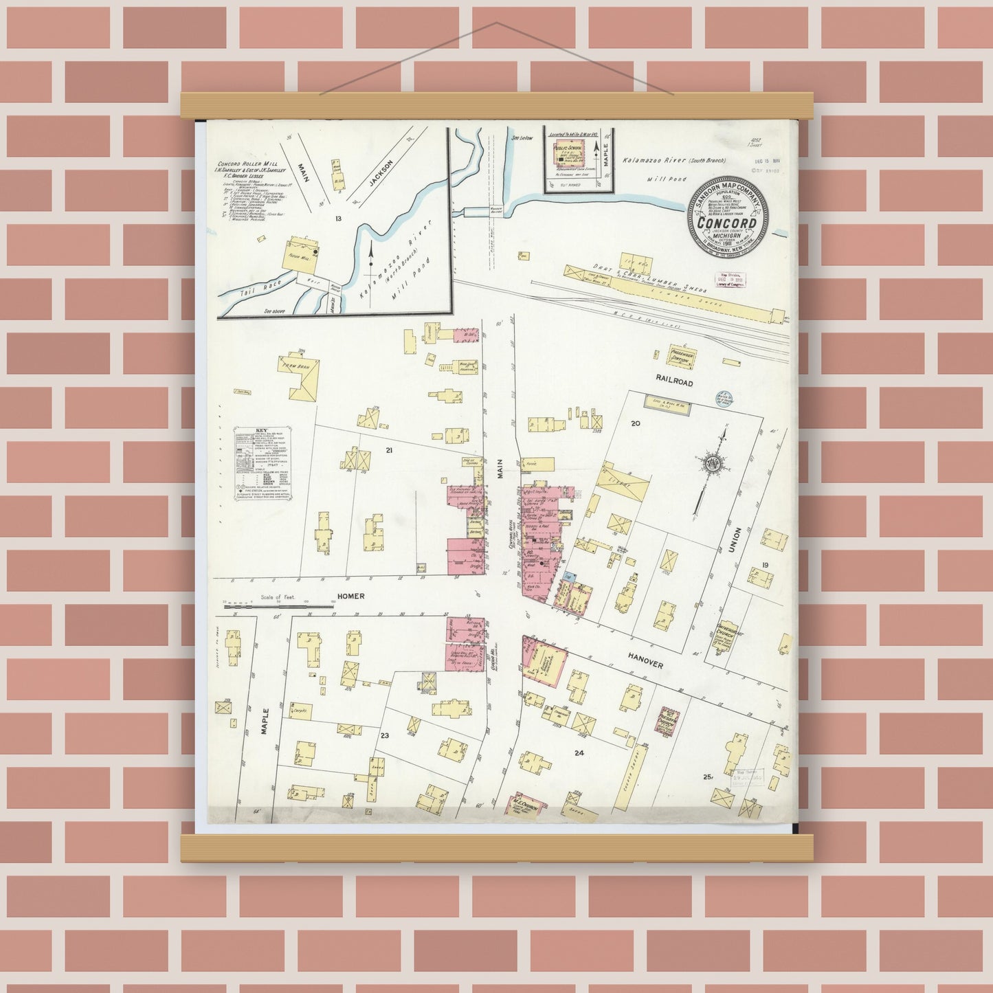 Old map wall art mockup — magnetic wood frame on brick wall — Sanborn Fire Insurance Map from Concord, Jackson County, Michigan (1911), Sheet #0001