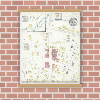 Old map wall art mockup — magnetic wood frame on brick wall — Sanborn Fire Insurance Map from Concord, Jackson County, Michigan (1911), Sheet #0001