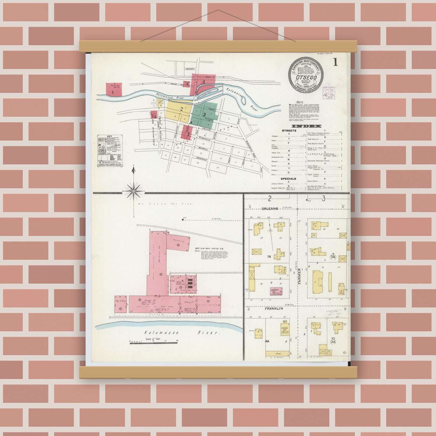 Old map wall art mockup — magnetic wood frame on brick wall — Sanborn Fire Insurance Map from Otsego, Allegan County, Michigan (1906), Sheet #0001