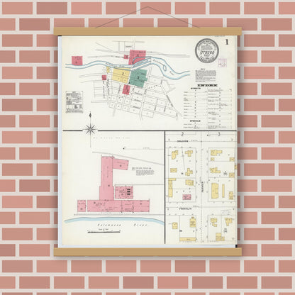 Old map wall art mockup — magnetic wood frame on brick wall — Sanborn Fire Insurance Map from Otsego, Allegan County, Michigan (1906), Sheet #0001