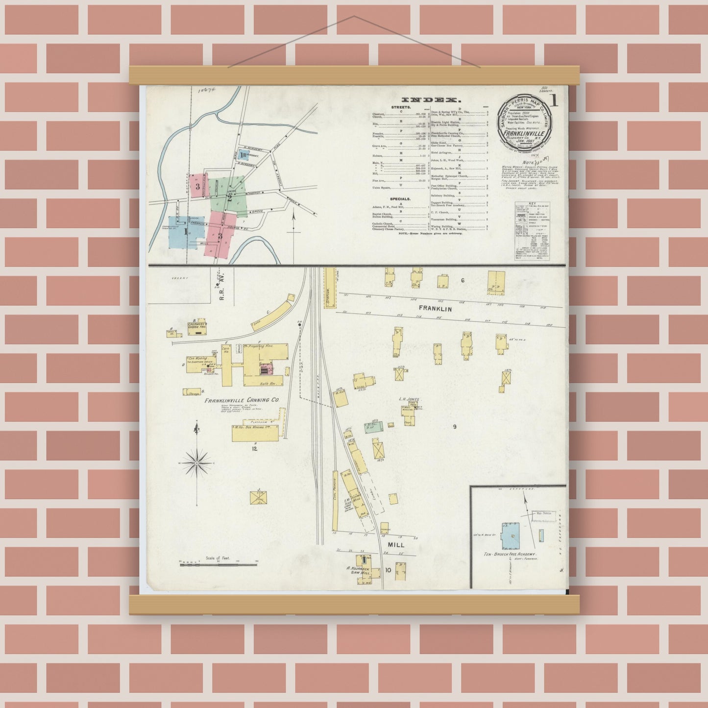 Old map wall art mockup — magnetic wood frame on brick wall — Sanborn Fire Insurance Map from Franklinville, Cattaraugus County, New York (1897), Sheet #0001
