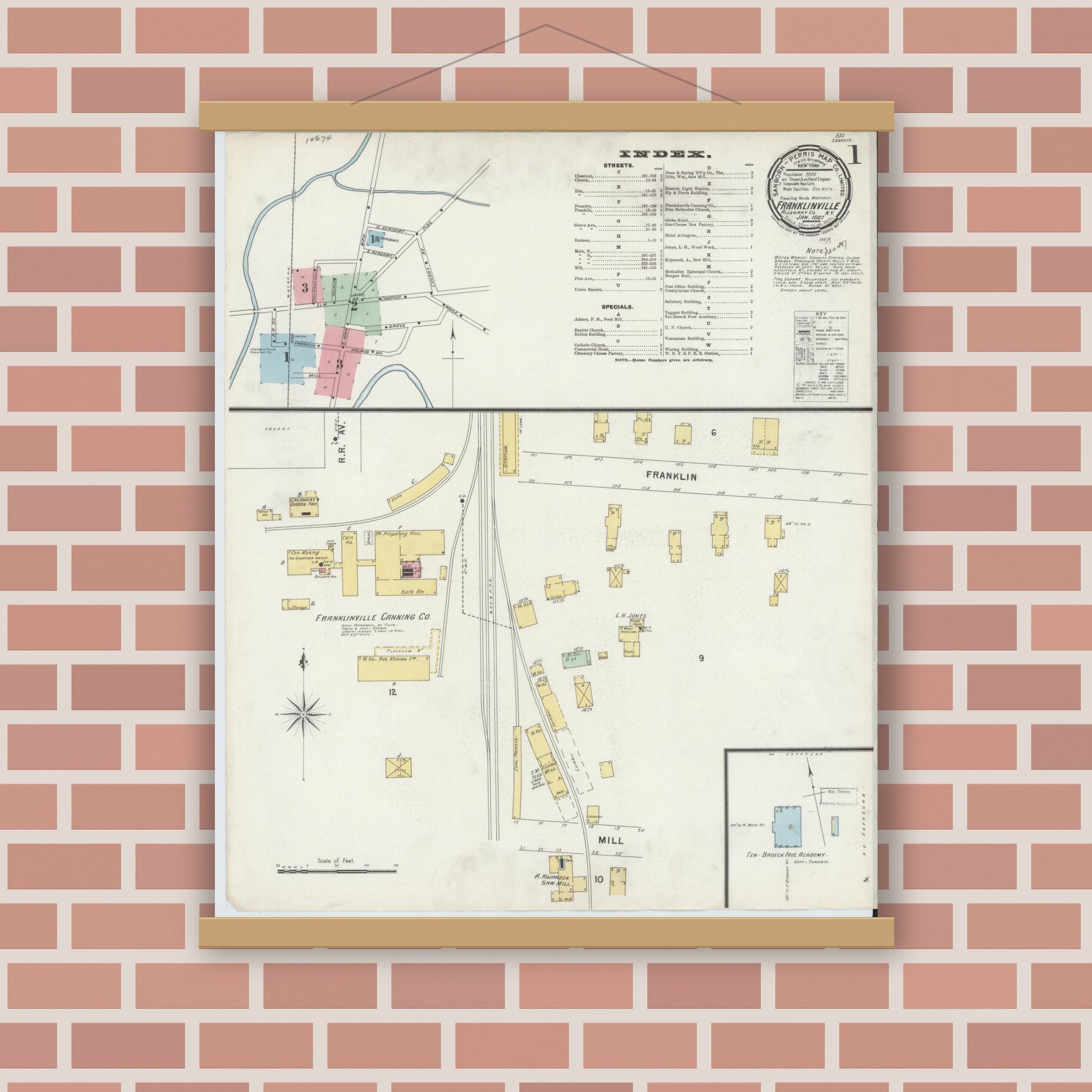 Old map wall art mockup — magnetic wood frame on brick wall — Sanborn Fire Insurance Map from Franklinville, Cattaraugus County, New York (1897), Sheet #0001
