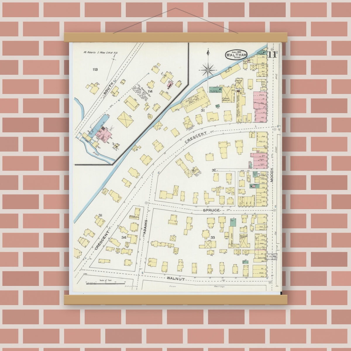 Old map wall art mockup — magnetic wood frame on brick wall — Sanborn Fire Insurance Map from Waltham, Middlesex County, Massachusetts (1892), Sheet #0011