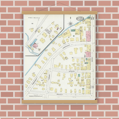 Old map wall art mockup — magnetic wood frame on brick wall — Sanborn Fire Insurance Map from Waltham, Middlesex County, Massachusetts (1892), Sheet #0011