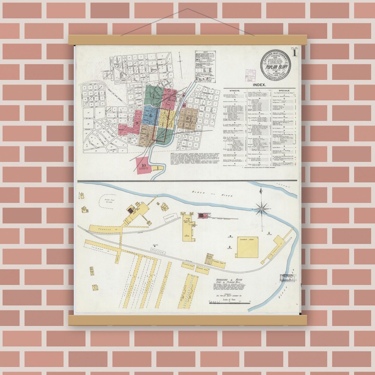 Old map wall art mockup — magnetic wood frame on brick wall — Sanborn Fire Insurance Map from Poplar Bluff, Butler County, Missouri (1901) - Complete Map Set