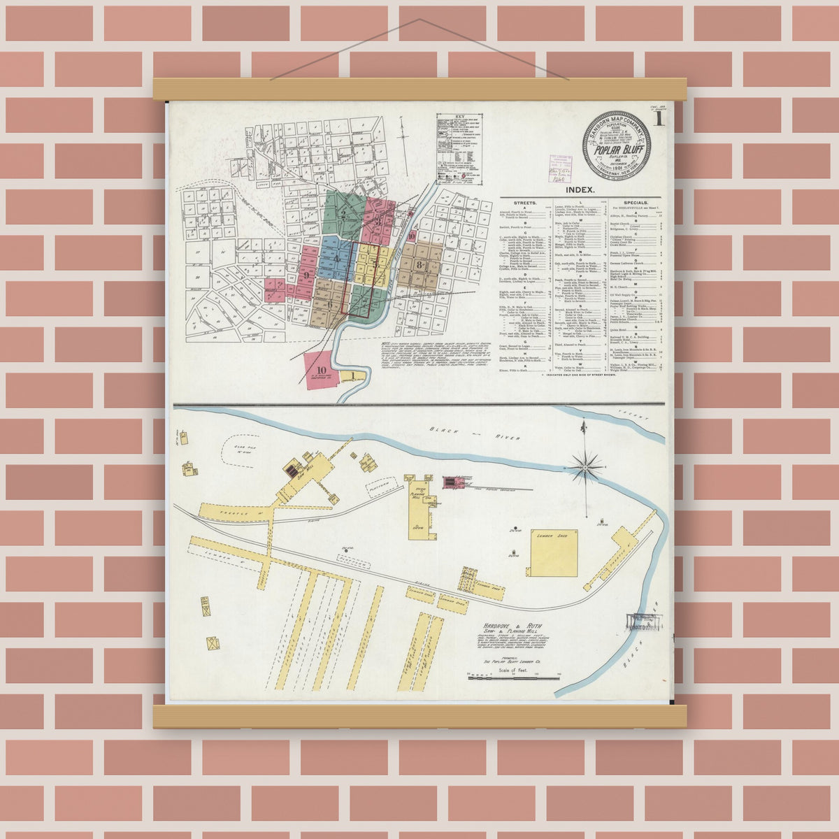 Old map wall art mockup — magnetic wood frame on brick wall — Sanborn Fire Insurance Map from Poplar Bluff, Butler County, Missouri (1901) - Complete Map Set