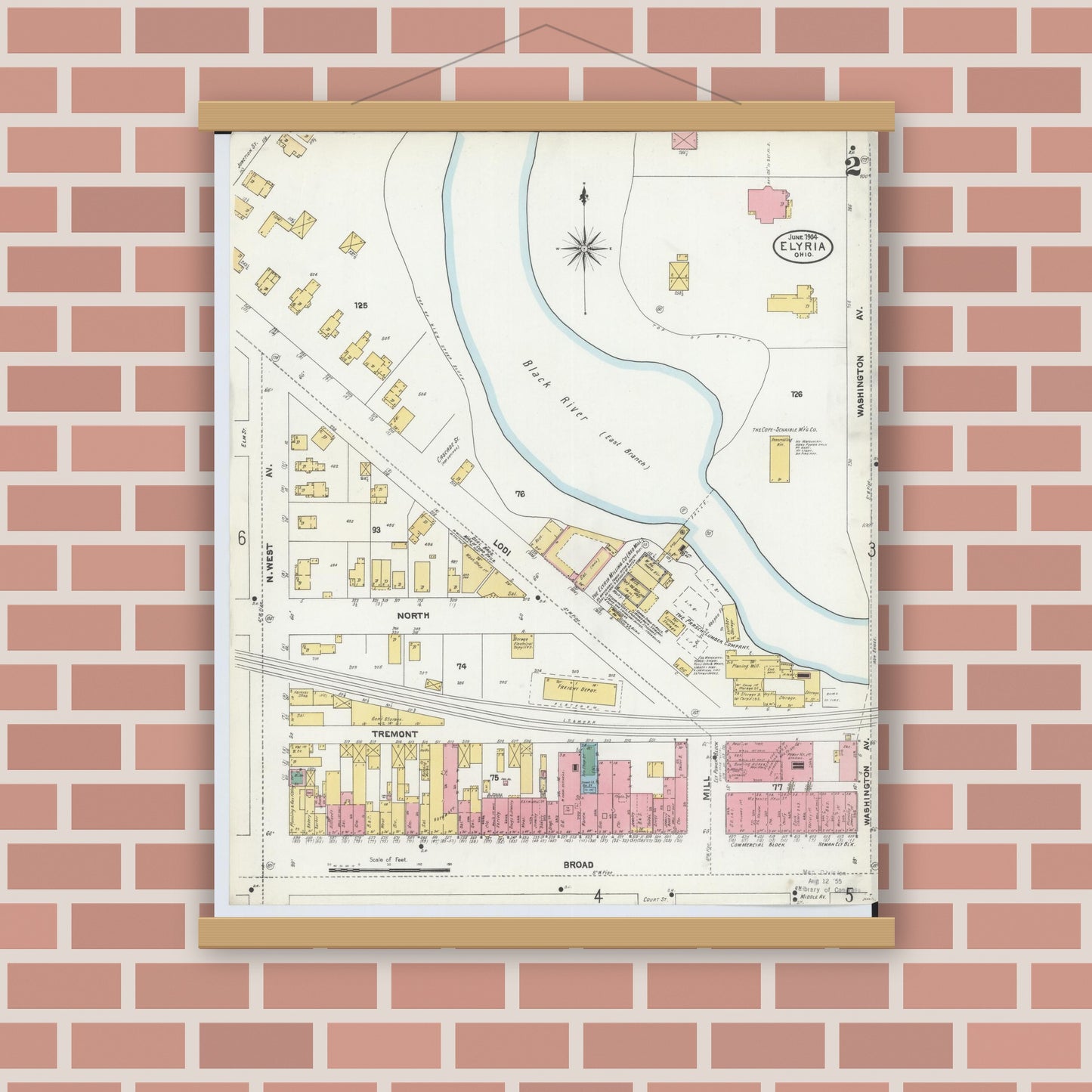 Old map wall art mockup — magnetic wood frame on brick wall — Sanborn Fire Insurance Map from Elyria, Lorain County, Ohio (1904), Sheet #0002
