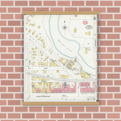 Old map wall art mockup — magnetic wood frame on brick wall — Sanborn Fire Insurance Map from Elyria, Lorain County, Ohio (1904), Sheet #0002