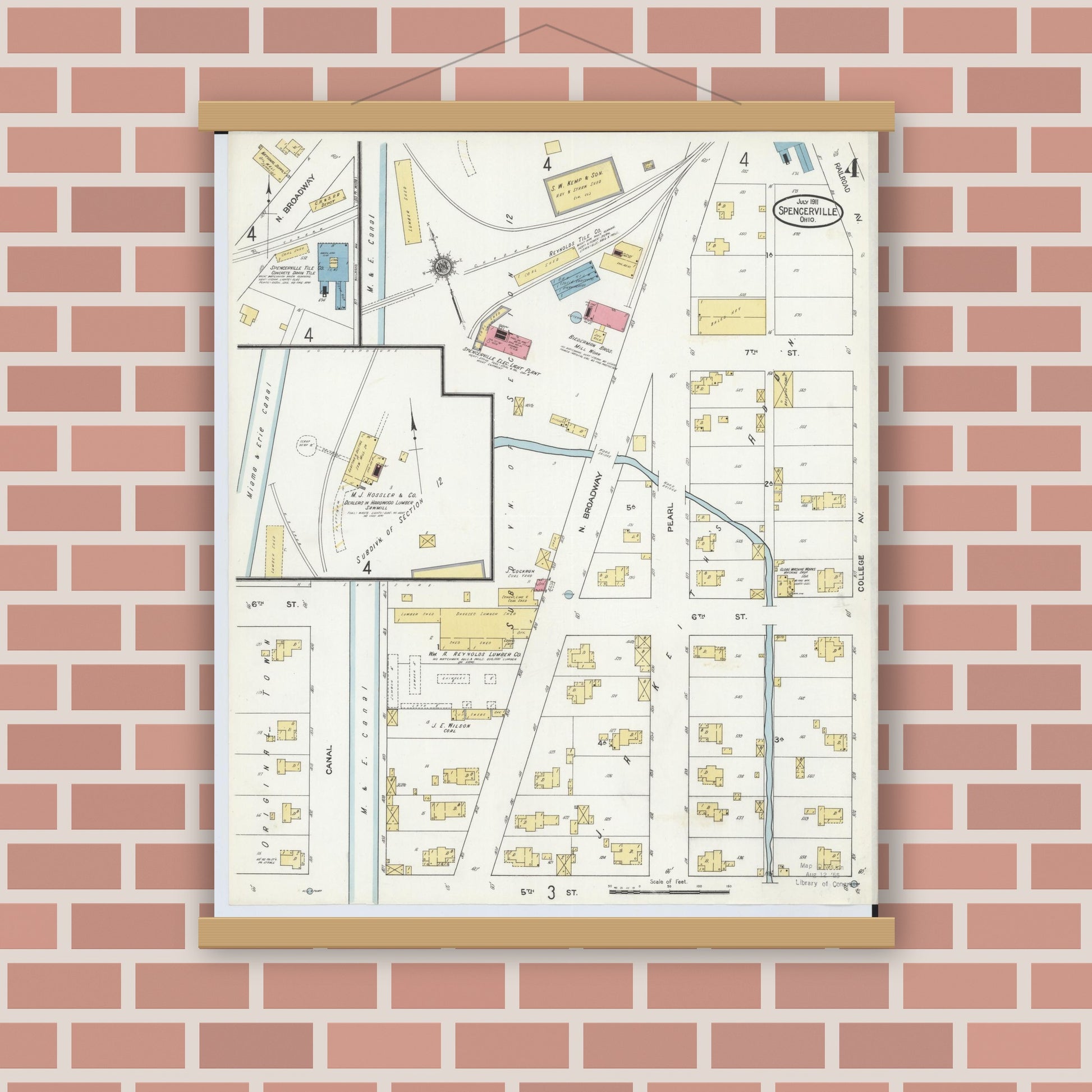 Old map wall art mockup — magnetic wood frame on brick wall — Sanborn Fire Insurance Map from Spencerville, Allen County, Ohio (1911), Sheet #0004