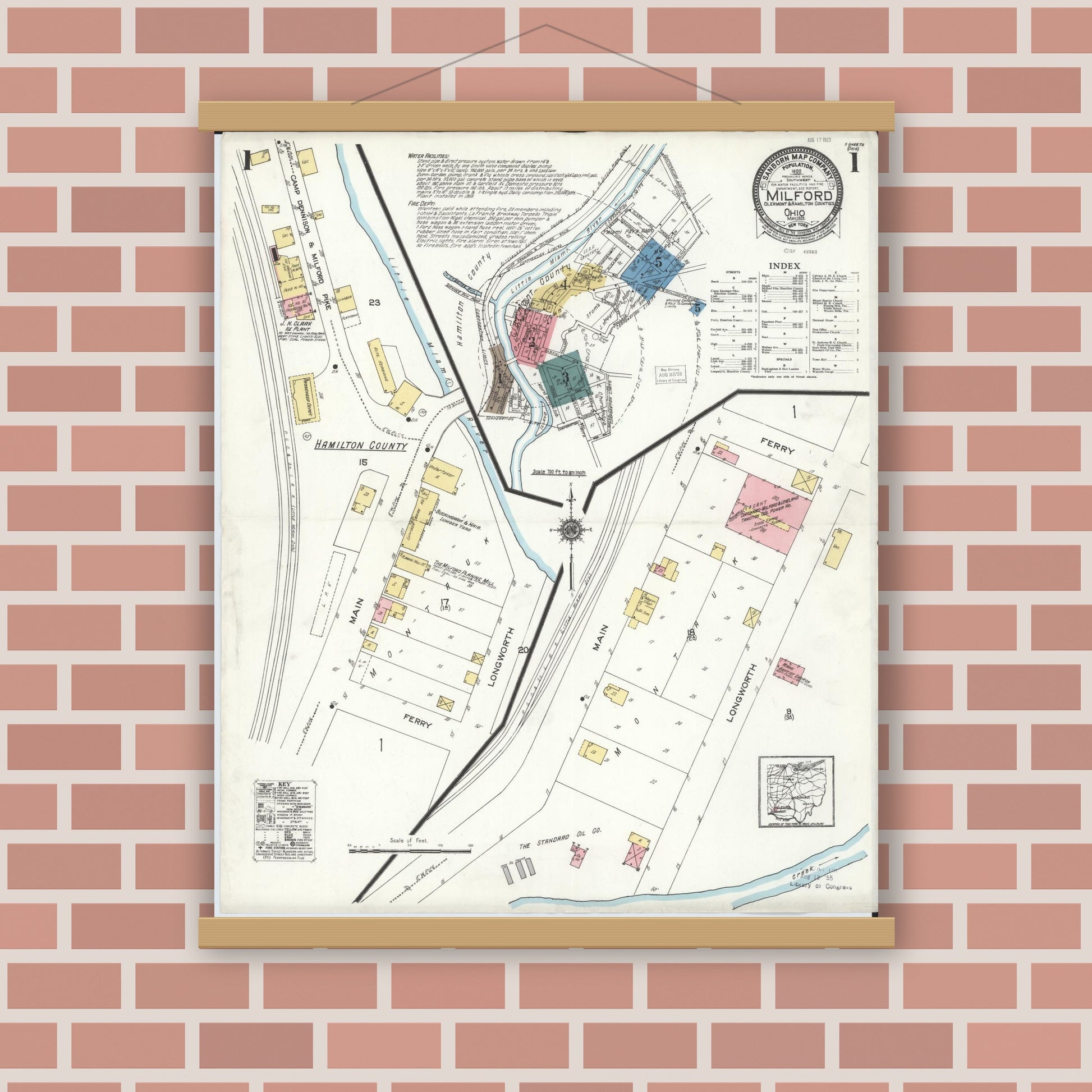 Old map wall art mockup — magnetic wood frame on brick wall — Sanborn Fire Insurance Map from Milford, Clermont And Hamilton County, Ohio (1925), Sheet #0001