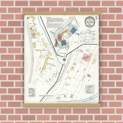 Old map wall art mockup — magnetic wood frame on brick wall — Sanborn Fire Insurance Map from Milford, Clermont And Hamilton County, Ohio (1925), Sheet #0001