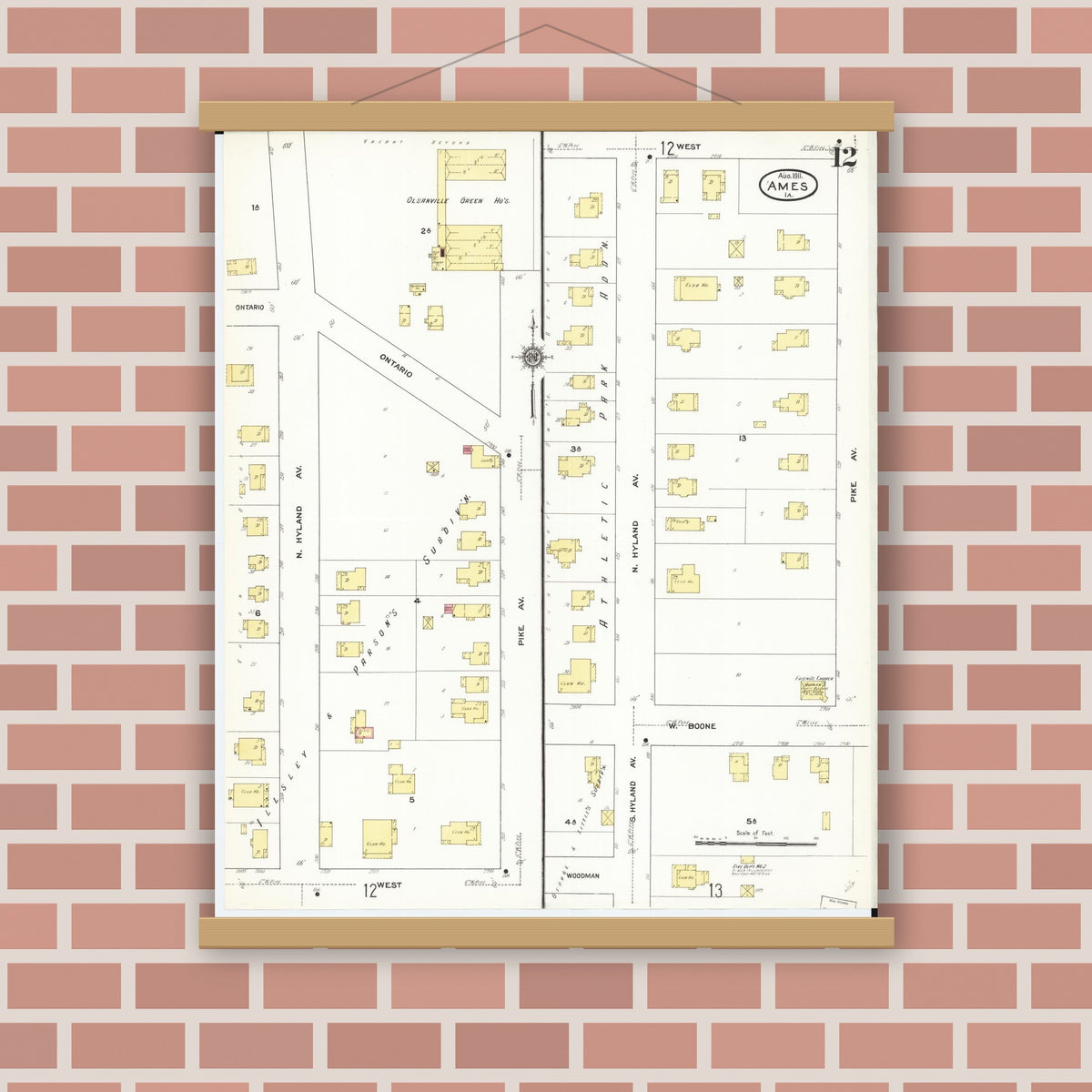 Old map wall art mockup — magnetic wood frame on brick wall — Sanborn Fire Insurance Map from Ames, Story County, Iowa (1911), Sheet #0012