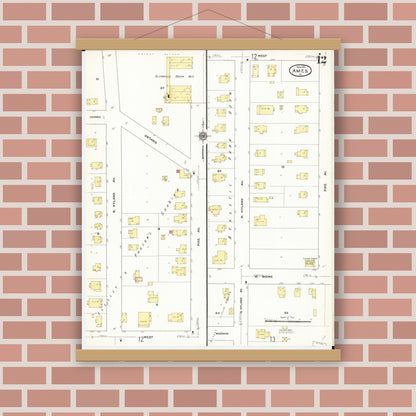 Old map wall art mockup — magnetic wood frame on brick wall — Sanborn Fire Insurance Map from Ames, Story County, Iowa (1911), Sheet #0012