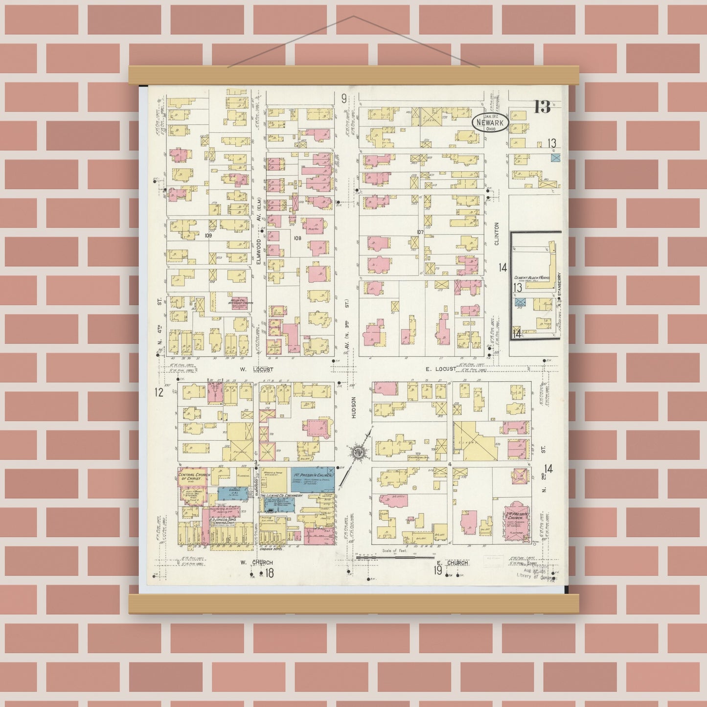 Old map wall art mockup — magnetic wood frame on brick wall — Sanborn Fire Insurance Map from Newark, Licking County, Ohio (1912), Sheet #0013