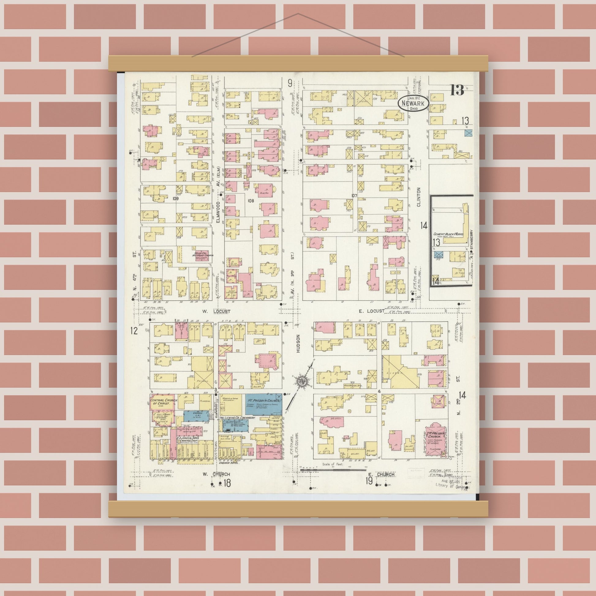 Old map wall art mockup — magnetic wood frame on brick wall — Sanborn Fire Insurance Map from Newark, Licking County, Ohio (1912), Sheet #0013