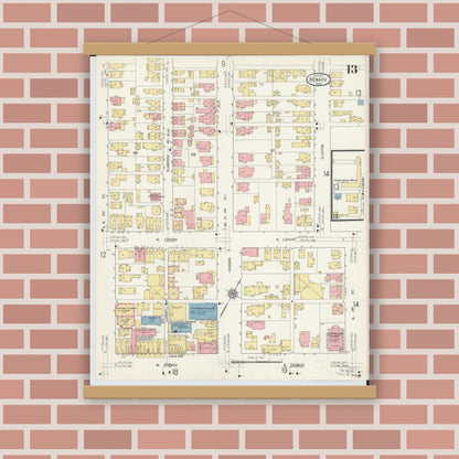 Old map wall art mockup — magnetic wood frame on brick wall — Sanborn Fire Insurance Map from Newark, Licking County, Ohio (1912), Sheet #0013