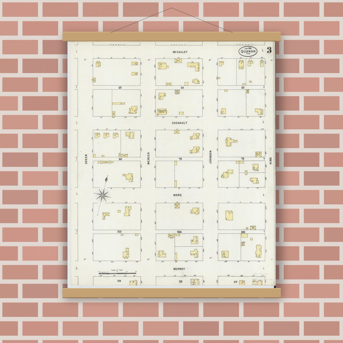 Old map wall art mockup — magnetic wood frame on brick wall — Sanborn Fire Insurance Map from Quanah, Hardeman County, Texas (1898), Sheet #0003