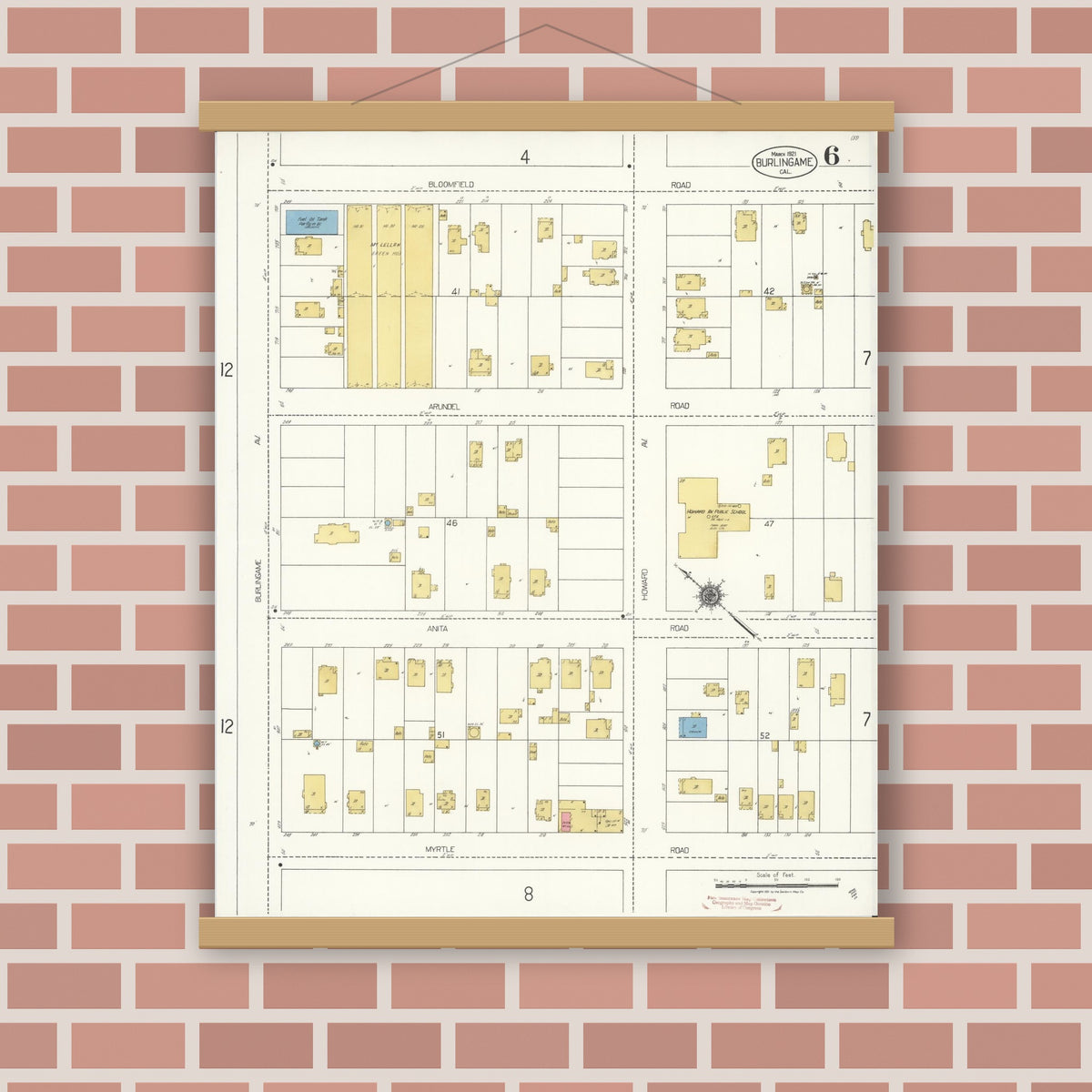 Old map wall art mockup — magnetic wood frame on brick wall — Sanborn Fire Insurance Map from Burlingame, San Mateo County, California (1921), Sheet #0006