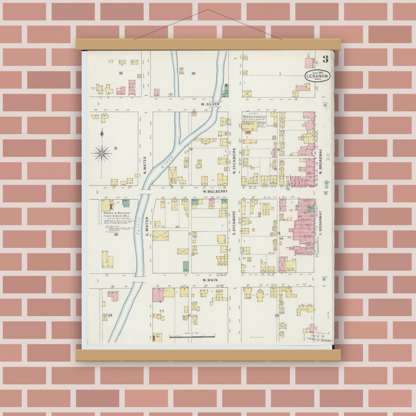 Old map wall art mockup — magnetic wood frame on brick wall — Sanborn Fire Insurance Map from Lebanon, Warren County, Ohio (1895), Sheet #0003