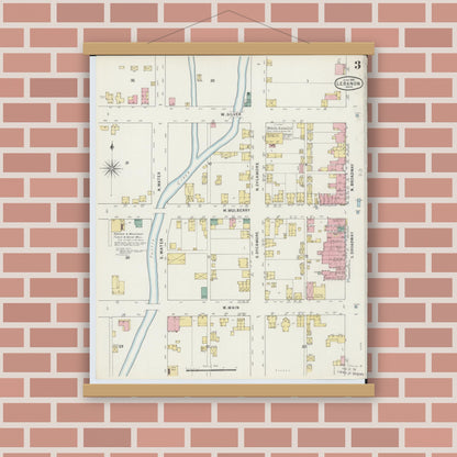 Old map wall art mockup — magnetic wood frame on brick wall — Sanborn Fire Insurance Map from Lebanon, Warren County, Ohio (1895), Sheet #0003